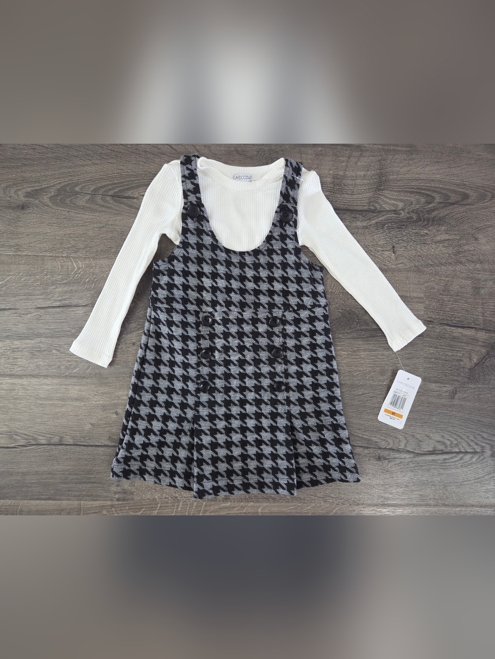Flapdoodles Houndstooth Pinafore 2pc Dress - Black & Gray Size 3t NWT